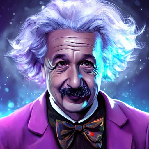 Image similar to portrait of albert einstein as willy wonka, league of legends amazing splashscreen artwork, fantasy, splash art, natural light, elegant, photorealistic facial features, intricate, fantasy, detailed face, atmospheric lighting, anamorphic lens flare, cinematic lighting, league of legends splash art, hd wallpaper, ultra high details by greg rutkowski