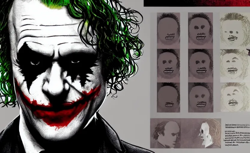Image similar to joker played by heath ledger from the dark knight ( 2 0 0 8 ) by christopher nolan, character sheet