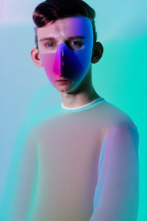 Image similar to high quality pastel coloured film mid angle portrait photograph of a beautiful young 2 0 year old male, soft features, short hair, perspex mask and oversized inflated clothing!!!! icelandic black! rock pool environment. atmospheric three point light. photographic. art directed. ( pastel colours ). volumetric. clearcoat. waves. 8 k. filmic.