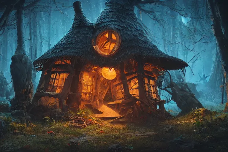 Prompt: witch hut, hyper realistic, ambient lighting, concept art, intricate, hyper detailed, smooth, dynamic volumetric lighting, octane, raytrace, cinematic, high quality, high resolution, 4 k, cubist painting by picasso