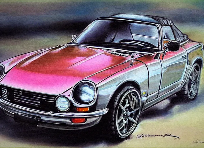 Image similar to beautiful yoshitaka amano art of a datsun fairlady roadster detailed painting