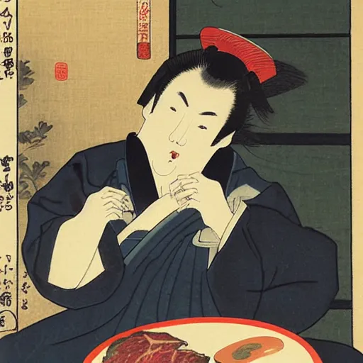 Image similar to angry japanese man giving cat a slice of meat, vintage, painting by utamaro