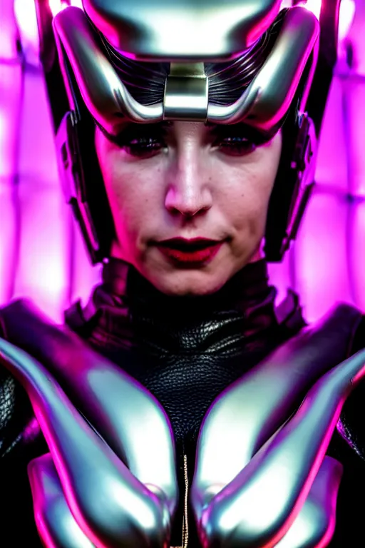 Image similar to beautiful powerful female glossy futuristic cyborg with curved metal Loki horns and chrome motorcycle parts, full body, dark fantasy, neon bar lights, 3d render, octane, 8k, volumetric lighting, hyper-realistic,, diffuse lighting, intricate, highly detailed, life like, photorealistic, digital painting, trending on artstation, smooth, sharp focus