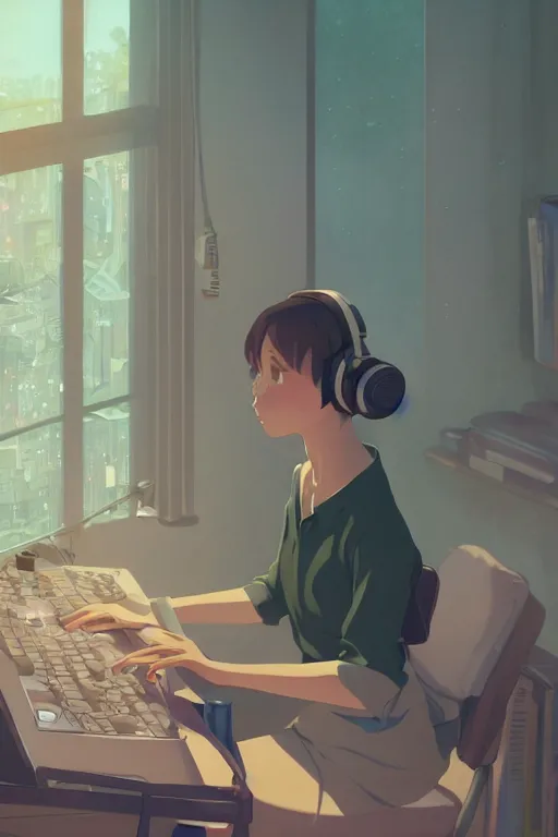 Prompt: beautiful scene render of a person sitting at a desk, playing computer games, dimly lit bedroom, hot cocoa drink, green plants, perfectly shaded, atmospheric lighting, style of makoto shinkai and peter mohrbacher, studio ghibli. artgerm, karol bak, beeple, animation style, 8 k hd, ultra wide angle, hyper detailed