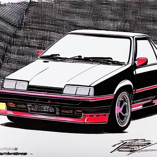 Image similar to black AE86 Trueno red glowing drawn by Shuichi Shigeno and Michiharu Kusunoki pen ink drawing