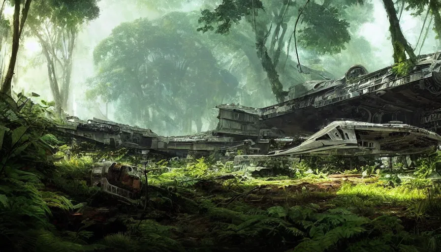 Image similar to a beautiful painting of a crashed millennium falcon in a lush jungle, ray traced lighting by kalin popov and greg rutkowski