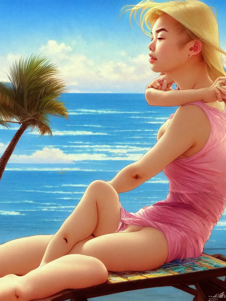 Prompt: a beautiful blond asian girl lay on chair hold coke in beach, rose, palm tree, majoy dreamlike sky, mediterranean, sharp focus, masterpiece, lifelike, animated,, character select portrait, by artgerm, greg rutkowski, alphonse mucha, 3 d, hyper detailed face, soft light, water reflection