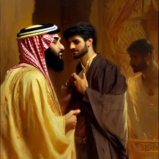 Image similar to attractive arab king confesses his love for his attractive male prince. highly detailed painting by gaston bussiere, craig mullins, j. c. leyendecker