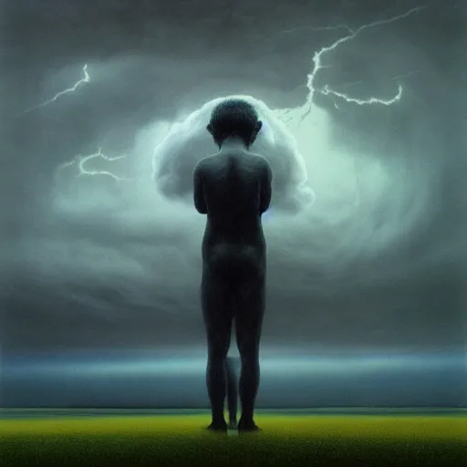 Image similar to killua zoldyck made by zdzisław beksinski, thunderstorm, 8 k, detailed, cinematic, rain, crying, black