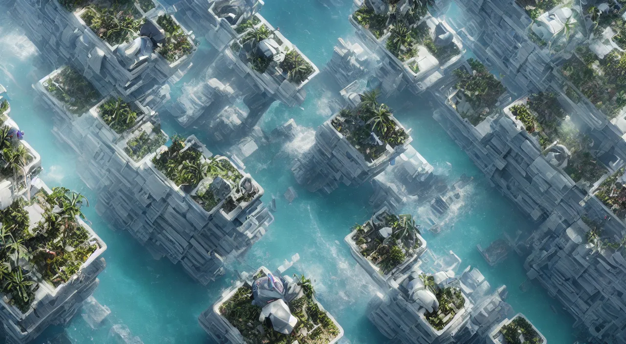 Prompt: a matte painting of high - tech floating city earthquake, concept art, gravels around, coconut palms, weightlessness, reverse, by yang qi, romain jouandeau, quy ho, karol bak, beeple, 4 k, unreal engine, vray render, artstation