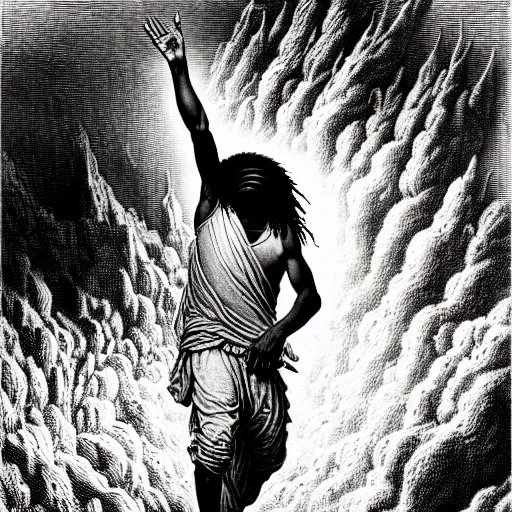 Image similar to cheef keef ascending into heaven holding stacks of cash, biblical image, style of gustave dore, highly detailed, beautiful, high contrast, black and white