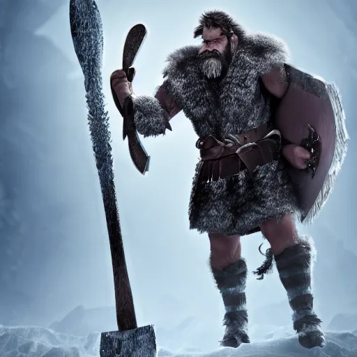 Image similar to a dnd barbarian half frost giant with pale skin and short black beard and hair wearing a fur coat, shoulder armor and holding an axe, high resolution film still, 4k, HDR color