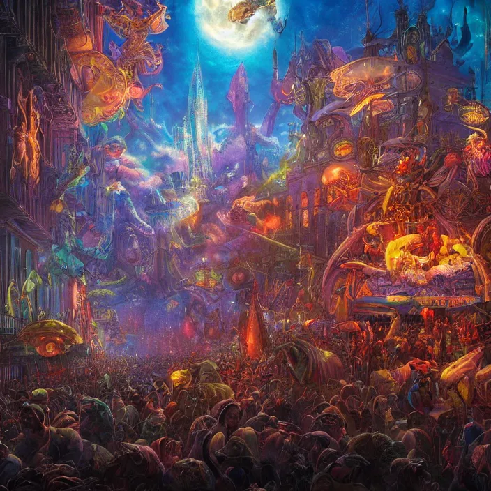 Prompt: magical night carnival, by dan mumford, moebius, sss, barclay shaw, karol bak, jean baptiste monge, high quality, high resolution, smooth 8 k octane rendered with volumetric cinematic dramatic light rutkowsky