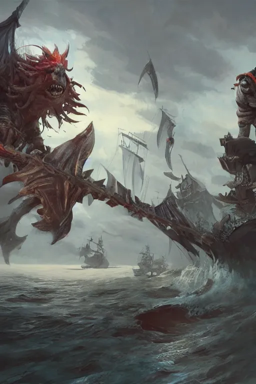 Prompt: a professional digital painting of a monster pirate with many jaws, full body, concept art, sharp detail, focused, illustration, smooth render, pirate ship in background, art style by Ruan Jia and Mandy Jurgens and Ian Spriggs and William-Adolphe Bouguerea