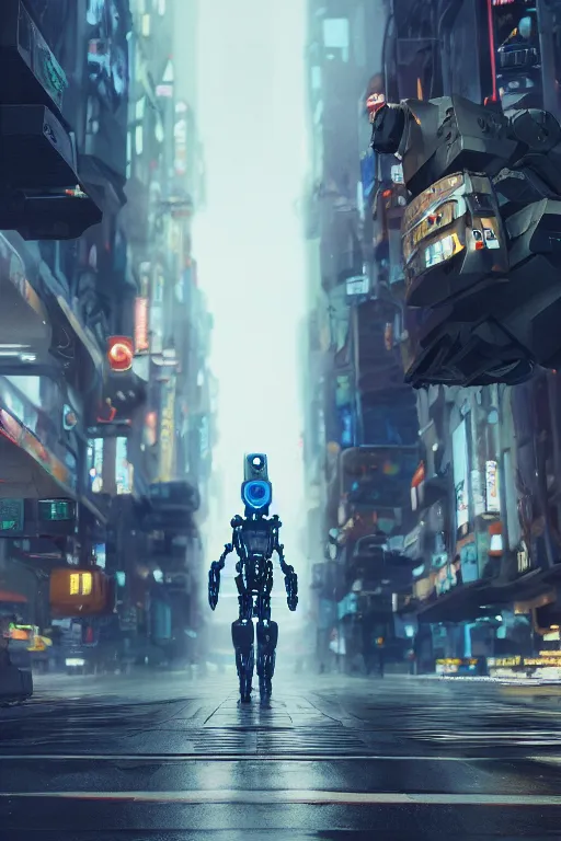 Image similar to a portrait of a robot in the middle foreground walking in the street of a sci-fi city by Greg Rutkowski, Sung Choi, Mitchell Mohrhauser, Maciej Kuciara, Johnson Ting, Maxim Verehin, Peter Konig, final fantasy , mythical, 8k photorealistic, cinematic lighting, HD, high details, atmospheric,
