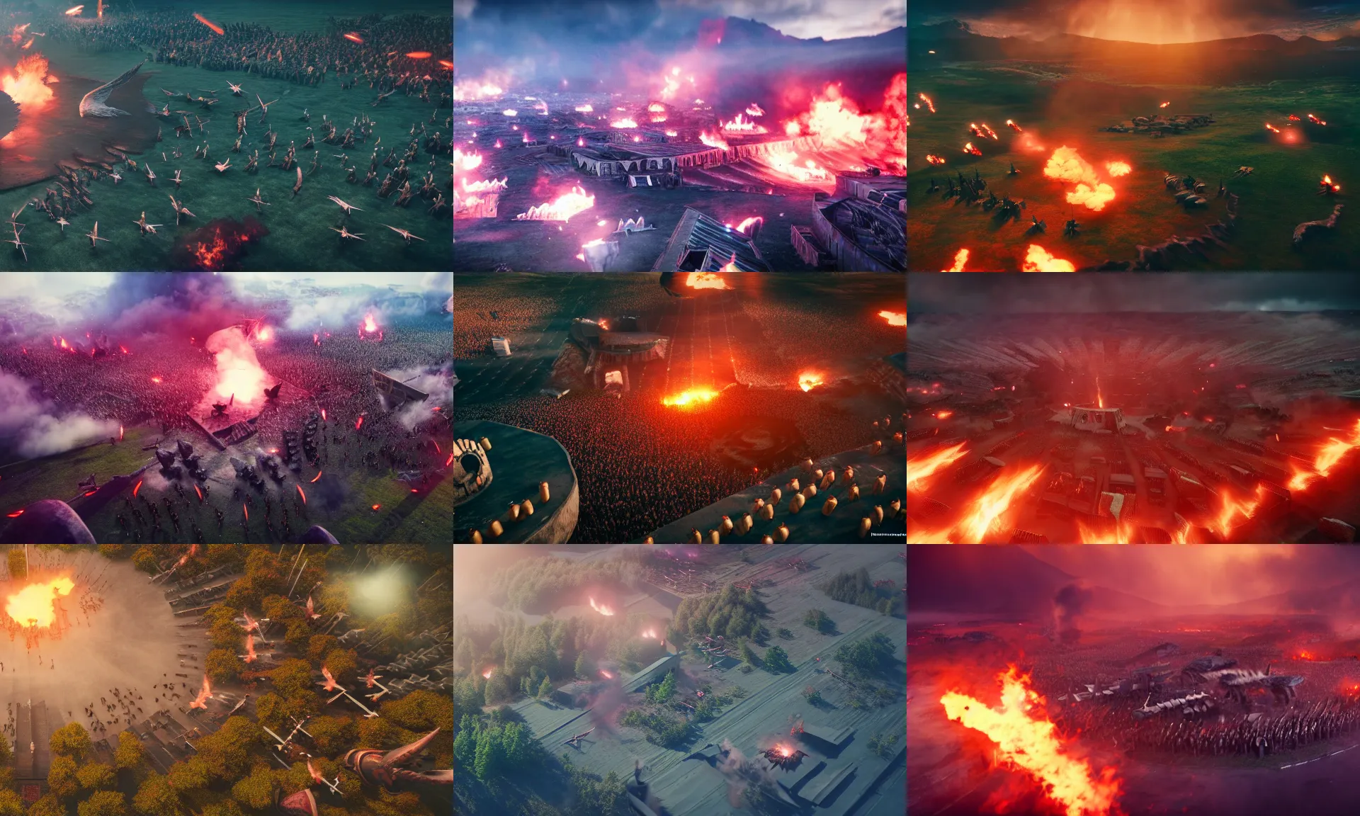 Prompt: cinematic, bird eye view of ragnarok battle in valhalla, smoke atmosphere, kodachromatic, octane render, hdr