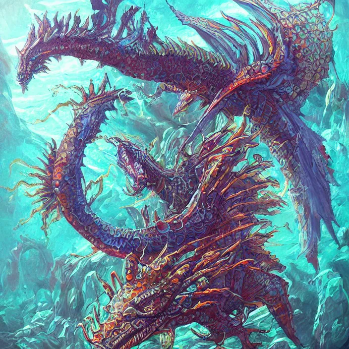 Image similar to underwater sea dragon full body, d & d style, trending on artstation, intricate, highly detailed, vivid painting, colorful, art by alexandr leskinen