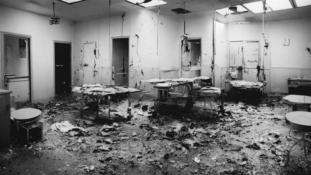 Prompt: photograph of interior view of a filthy, disused surgical room in a cursed hospital, unsanitary, dirty, contaminated, liminal, 35mm photo. Highly detailed, photographic, realistic, dramatic, cinematic