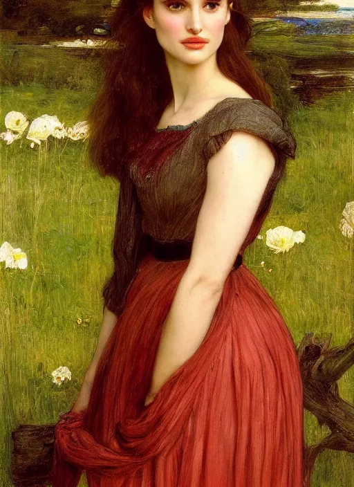 Prompt: a beautiful painting of natalie portman by John Everett Millais and Dante Gabriel Rossetti and John Collier and john william waterhouse, pre-raphaelite, detailed, trending on artstation, hd, masterpiece