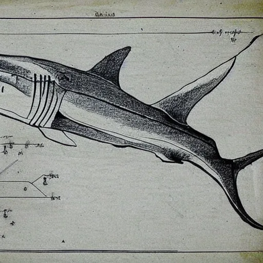 Image similar to anatomical drawing of shark, davinci style, medical drawing, blueprint, schematic, old school