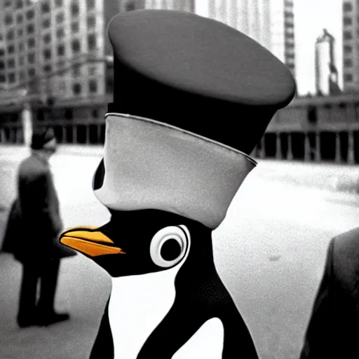 Image similar to A photo of a penguin wearing a conductor's hat at a Chicago train station, 1990, award-winning