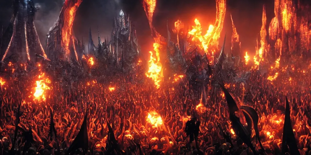 Image similar to Sauron playing rock guitar to a crowd of orcs in Mordor, epic, realistic, 8k resolution, detailed