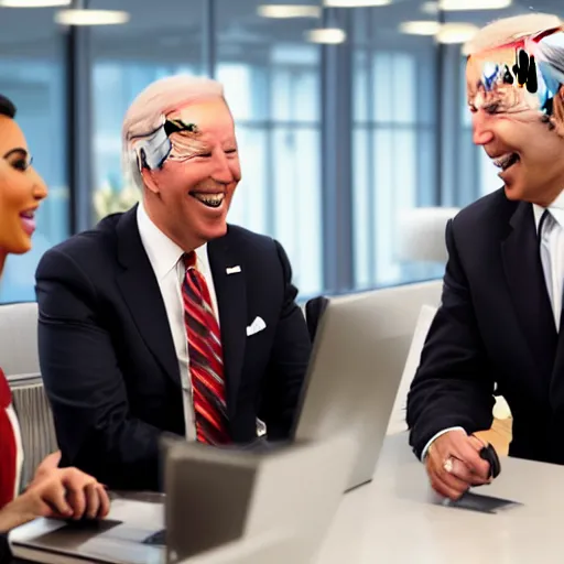 Image similar to stock photo of kim kardashian, and joe biden wearing suits and ties laughing in an office building, 8k resolution, full HD, cinematic lighting, award winning, anatomically correct