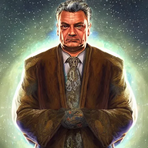 Image similar to a wlop 3 d render of very very very very highly detailed beautiful mystic portrait of viktor orban with whirling galaxy around, tattoos by anton pieck, intricate, extremely detailed, digital painting, artstation, concept art, smooth, sharp focus, illustration, intimidating lighting, incredible art,