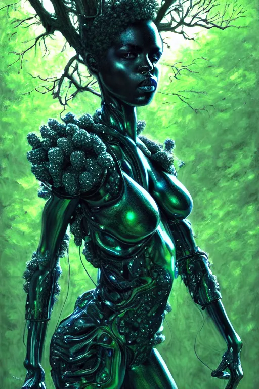 Image similar to hyperrealistic post - baroque super expressive! black woman with exoskeleton armor, merging with tree in a forest, highly detailed digital art masterpiece smooth cam de leon eric zener dramatic pearlescent blue green light ground angle hd 8 k sharp focus