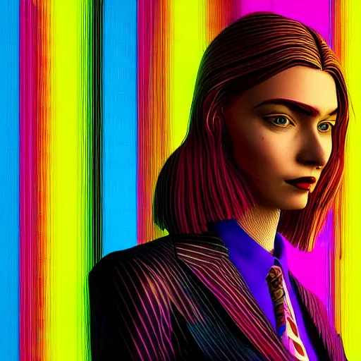 Image similar to stylish woman cartoon portrait made out of rain, pinstripe suit, short blond hair, galactic background, rendered in octane, unreal engine, highly detailed, trending on artstation, realistic, splashes of neon, beautiful