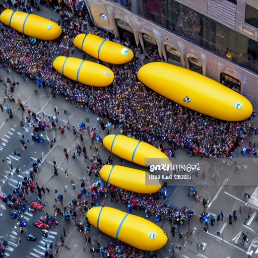 Image similar to news photo of giant minion parade floats in the sky in new york city, detailed 4 k photo