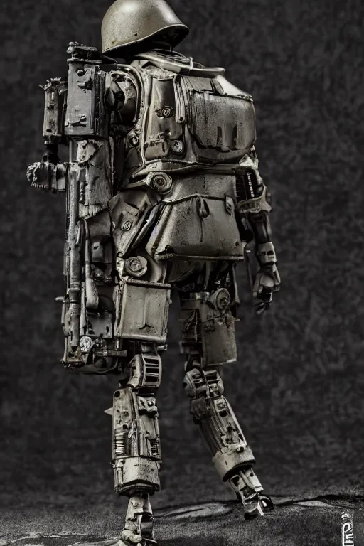 Image similar to a cinematic photo shot of a beautiful 1 : 6 scale threea toys figurine by ashley wood, world war one robot, intricate dark background, dramatic light