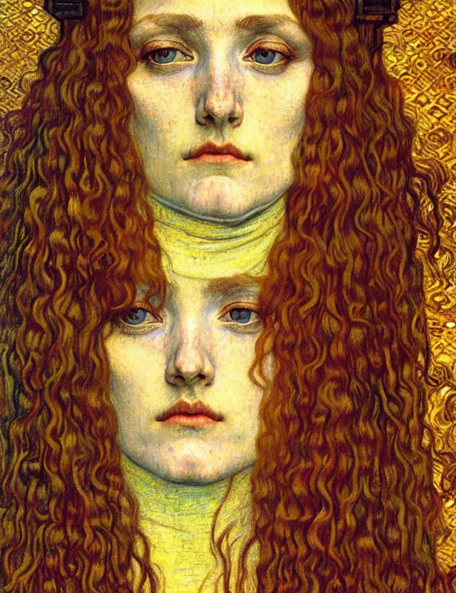 Image similar to detailed realistic beautiful young medieval queen face portrait by jean delville, gustav klimt and vincent van gogh, art nouveau, symbolist, visionary, gothic, pre - raphaelite, muted earthy colors, desaturated