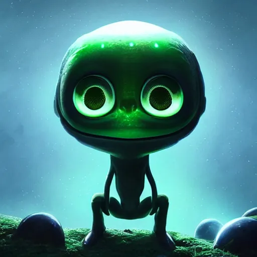 Image similar to adorable glowing alien, trending on artstation, cute, big eyes, matte painting, concept art, pixar, disney, highly detailed, cinematic composition, unreal engine, 3 d rendered in octane