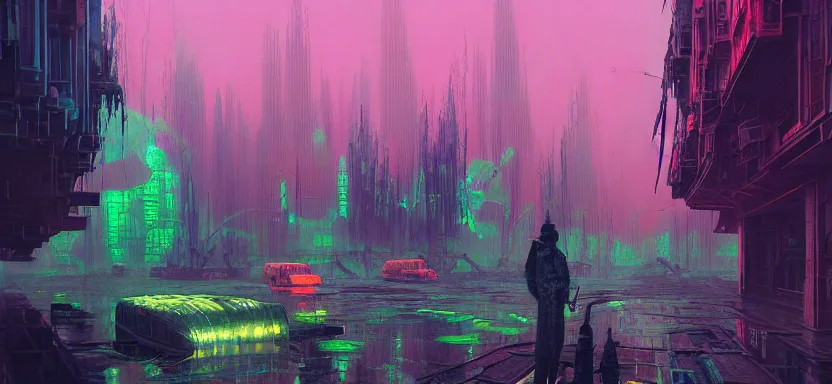 Image similar to beautiful masterpiece painting of a dystopian city in a future radioactive glowing swamp, by Remedios Varo and Anato Finnstark and Greg Rutkowski, dayglo pink, dayglo blue, by Craig Mullins, ilya kuvshinov, krenz cushart, artgerm, 8k, trending on ArtStation