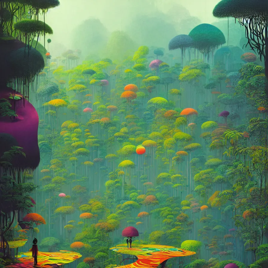 Image similar to surreal glimpse, malaysia jungle, summer morning, very coherent and colorful high contrast pastel art by gediminas pranckevicius james gilleard james gurney floralpunk screen printing woodblock, dark shadows, hard lighting, stippling dots, art nouveau