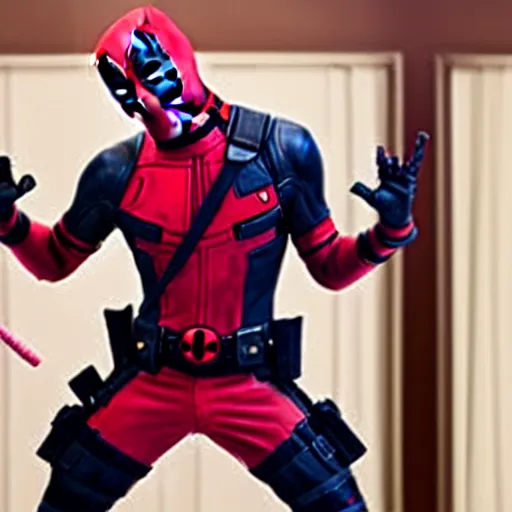 Image similar to Deadpool wearing a pink tutu doing a ballerina pose, holding his bloody katana, smiling at the viewer