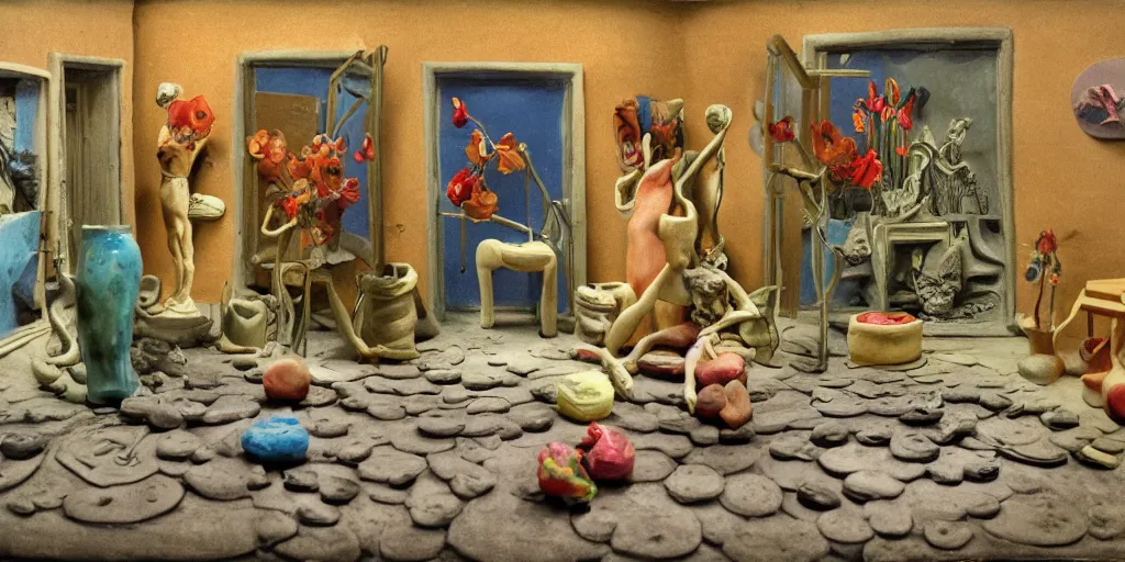 Image similar to plasticine sculpture stop motion. salvador dali clay models. gallery painting of flowers. water on floor. visitors. room with a small hole in wall. john craxton. high detail. photorealistic