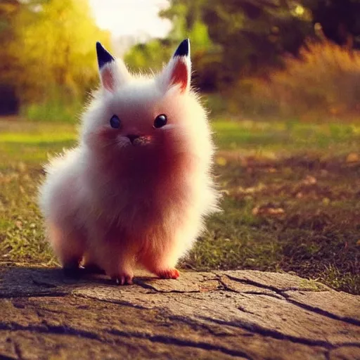 Image similar to real life pokemon, cute!!!, content!!!, mischievous!!!, adorable!!!, fluffy!!!, ultra realistic!!!, golden hour, sharp focus