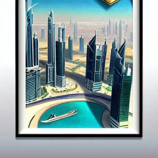 Prompt: a picture of dubai city skyline in a white frame, an art deco painting by enguerrand quarton, featured on behance, art deco, cityscape, matte drawing, poster art h 7 6 8