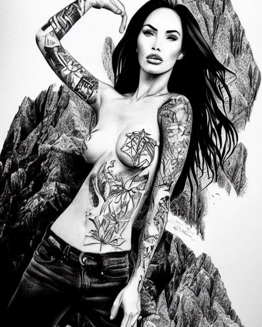 Prompt: realism tattoo design sketch of megan fox blended with beautiful mountain scenery, in the style of dan mountford, double exposure photography, hyper realistic, amazing detail, black and white