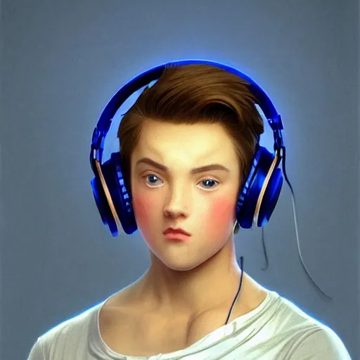 Image similar to a handsome young man with sandy brown hair and blue eyes singing into a neon blue microphone headset posing on stage. dynamic!! pose. gesture drawing. concert. cinematic lighting. wide shot photorealistic. hyper realism. ray tracing hdr. intricate detailed masterpiece. by bouguereau and shigenori soejima. lifelike.