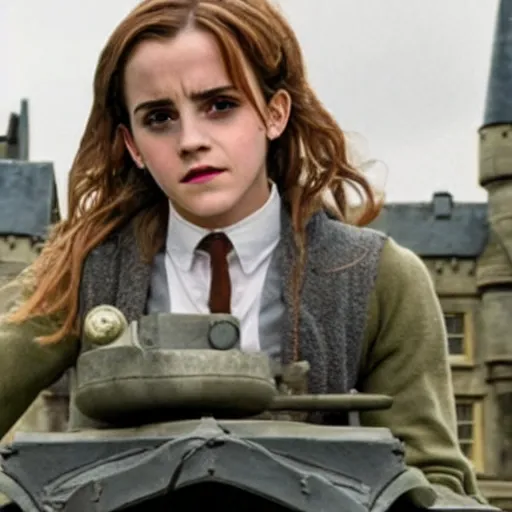 Prompt: Photo of Emma Watson as Hermione Granger on top of a tank in Hogwarts, establishing shot