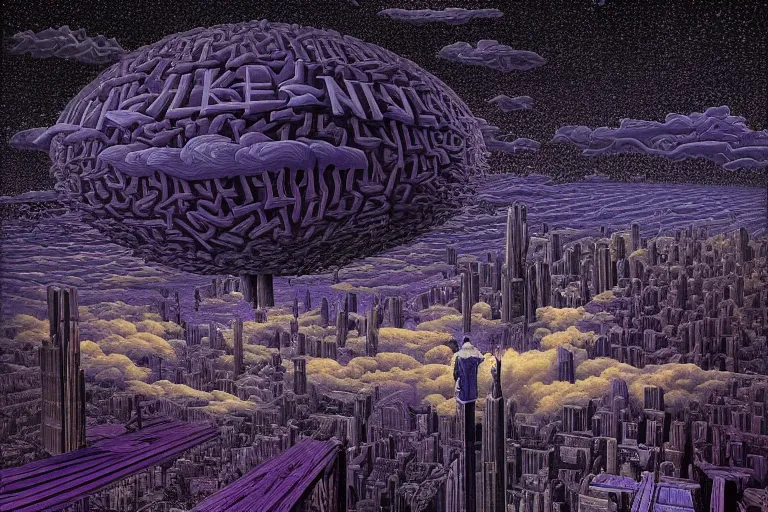 Prompt: psychdelic city tranquil dreamworld in the clouds, surrealist and abstract digital art trending on artstation by artist Rob Gonsalves and Mark Riddick supreme peace immense knowledge dark black pitch black jet black only restricted palette dmt art