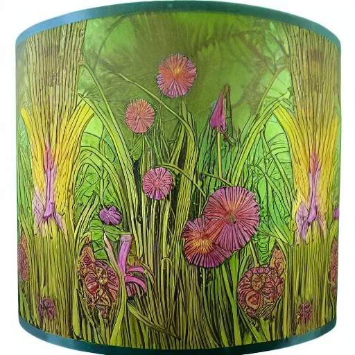 Image similar to beautiful victorian art nouveau duck lampshade, river reeds duckweeds close up abstract mallard feathers, mucha tiffany kilian eng