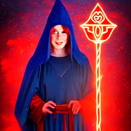 Image similar to red headed woman dressed in dark blue wizard robes holding a wooden staff covered in glowing red runes topped with a glowing gem. background of snowy mountains. fantasy painting.