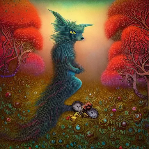 Prompt: surreal hybrid animals, nostalgia for a fairytale, magic realism, flowerpunk, mysterious vivid colors by andy kehoe and amanda clarke, highly detailed, insane details