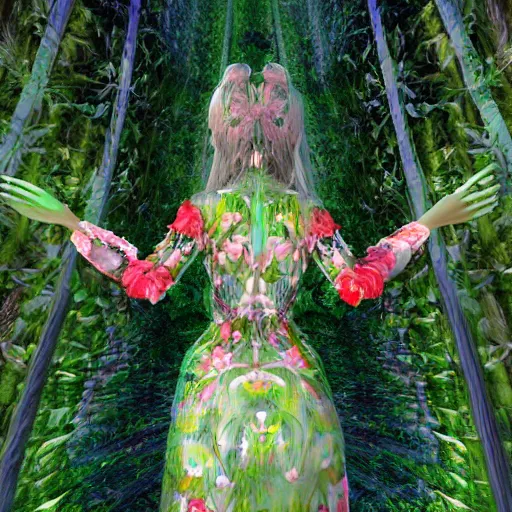 Image similar to cute female forest spirit wearing floral cybernetic hungarian valentino resort sheer dress, overgrown esoteric cyber cathedral sanctuary, fashion gameplay screenshot, painted by raphael in 1 5 1 1