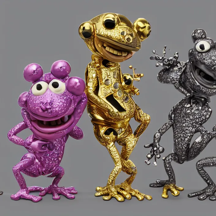 Image similar to jeff koons hip hop bauhaus style street frogs, cute frogs, frogs kissing wearing diamond grillz and a ton of bussdown iced gold bling in wallace & gromit strata - cut claymation, ultra realistic, concept art, intricate details, serious, highly detailed, photorealistic, octane render, 8 k, unreal engine, art by todd mcfarlane