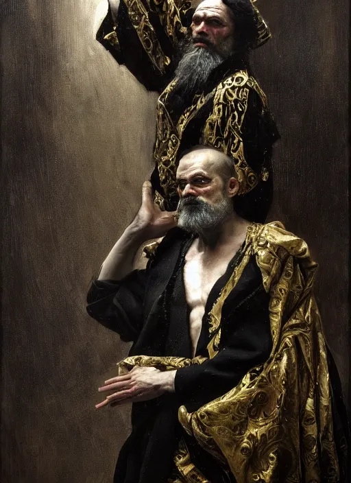 Image similar to highly detailed oil painting | very intricate | cinematic lighting | black, white and gold color scheme, dark background | diogenes in his barrel dressed by alexander mcqueen | by roberto ferri, by gustav moreau, by singer sargent and klimt, american romanticism, occult art | by austin osman spare, artstation, cgsociety, official art, octane